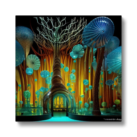 An art print hanging in an artificial forest next to woodlots and trees and water