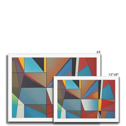 A rectangular piece of wall tile is on a table covered with colorful and geometric artwork