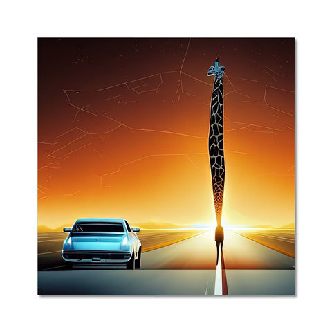 The giraffe standing there at sunset under a light blue background next to a pillar.