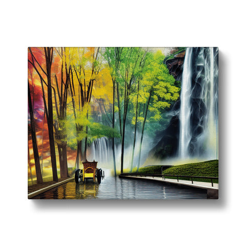 Art print on wood panel in front of flowing water and a waterfall.