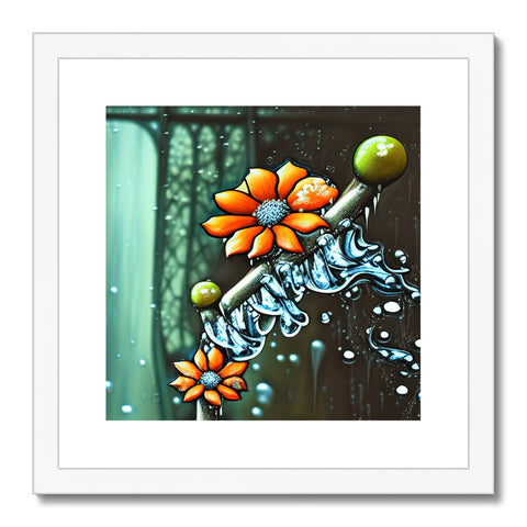 A picture of a floral arrangement on a large wooden framed print with water splashing on