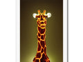 Lights are on a giraffe standing in a grassy field of green grass.