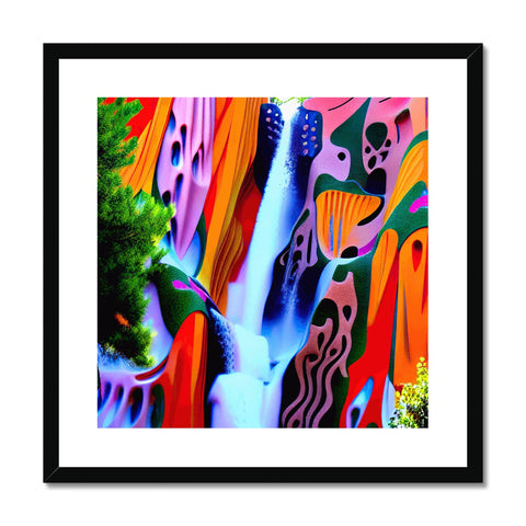 Art print on a colorful wall next to a waterfall's reflection in water.