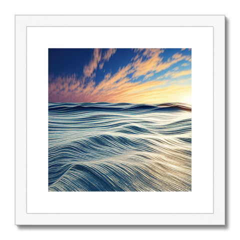 a picture of a sunset with a wave on a small white background and water on the