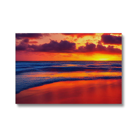 a colorful canvas print of a beach setting with ocean and a sunset