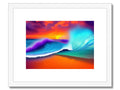 A sunset framed print in orange and blue next to ocean waves.