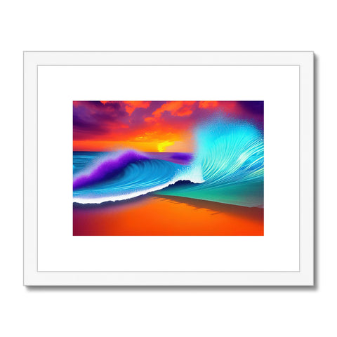 A sunset framed print in orange and blue next to ocean waves.