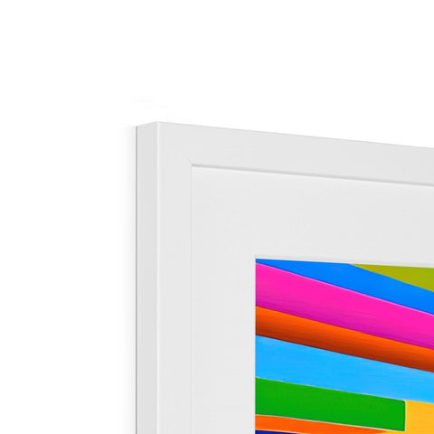 A colorful print of a rainbow flag is on a paper frame covered in frames.