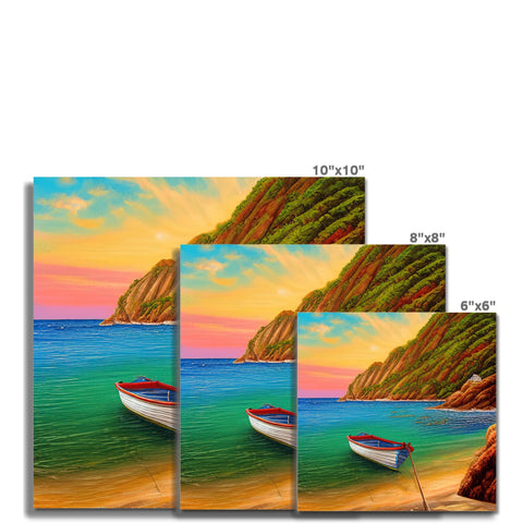 Four sail boats float by on the lake in a picture frame.