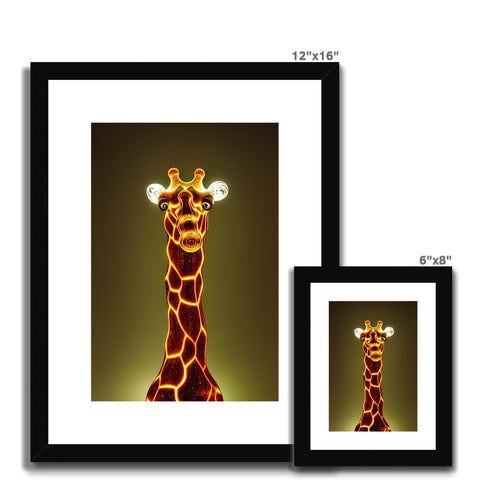 Two giraffes posing for photos against a backdrop of a black background.