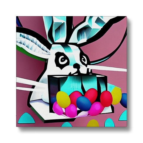 A colorful art print that is sprayed with spray paint covered with rabbits and balloons