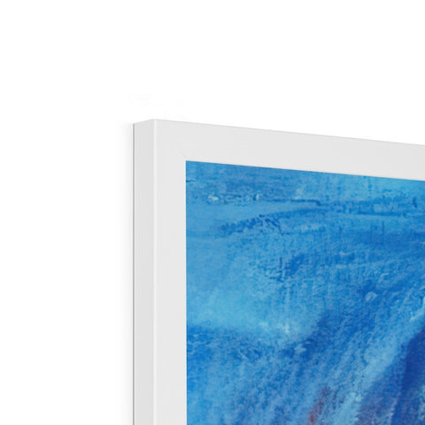 A white art print and picture of a sea on a blue canvas.