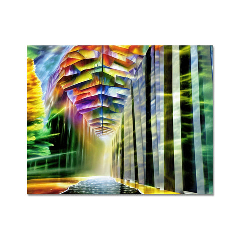 A colorful paper art print painting in the hallway with colorful colors on it.