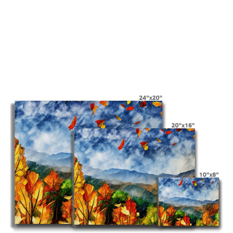A large view of snow covered mountains in different seasons on a large canvas painting.