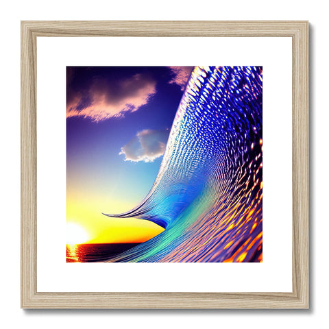 A small framed picture of a sun setting in the sky with a white water print.