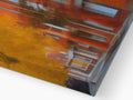 A digital painting of a rust colored brick building sitting on top of a concrete table.