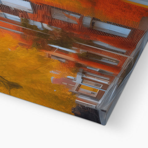 A digital painting of a rust colored brick building sitting on top of a concrete table.