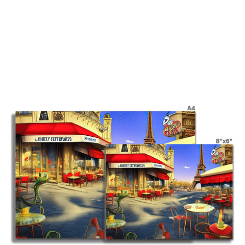Many placentures are on a table in front of a picture of a bakery.