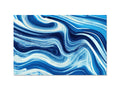 A blue and white wave with lots of black shapes and a blue background in front.