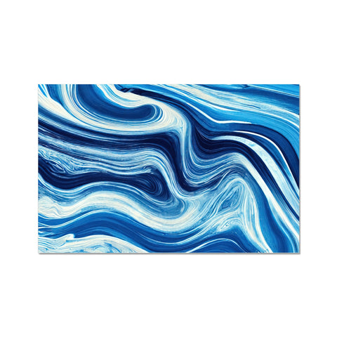 A blue and white wave with lots of black shapes and a blue background in front.