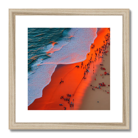 Art print of a scene of people walking on a sand beach in the sand.