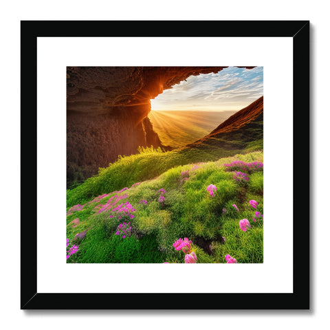 A photo in a wall mounted print with a sun setting over a desert field.
