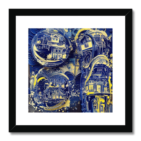 a gold framed art print showing a large city city with various houses on the facade is