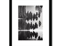 A wooden art print and photo of pine trees hanging on the wall.
