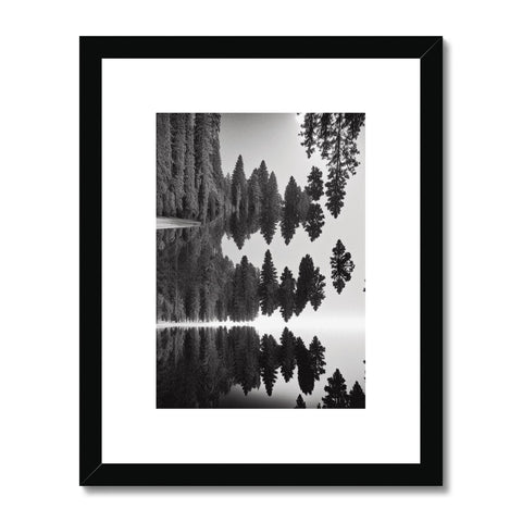 A wooden art print and photo of pine trees hanging on the wall.