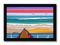 A colorful art print framed by three surfers on a surfboard.