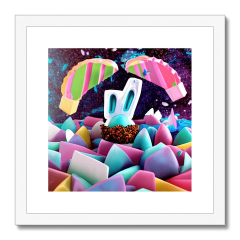 Art print holding a gumball with flowers next to an upside down boat.