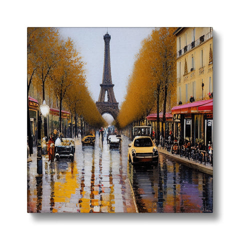 An impressionist print of his photo outside Paris on a white canvas.