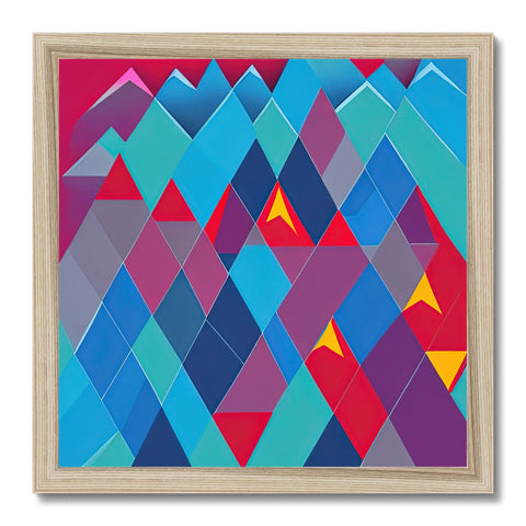 An argyle print on a wood framed art print with various peaks and mountains and