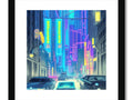 Art print of city street views while cars zoom down a deserted street.