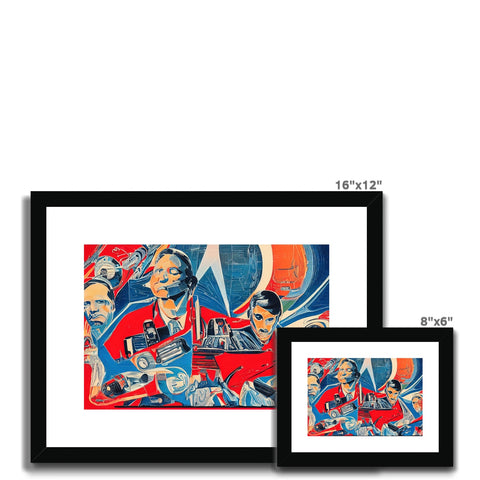 A row of photo frames sitting on a white wall with a red and blue photograph on