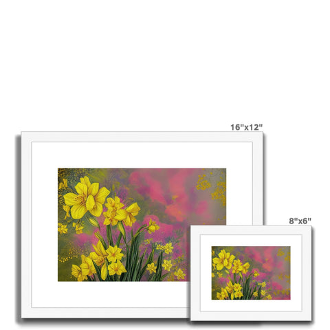 Yellow daffodils set in an  art painting next to yellow and gold art