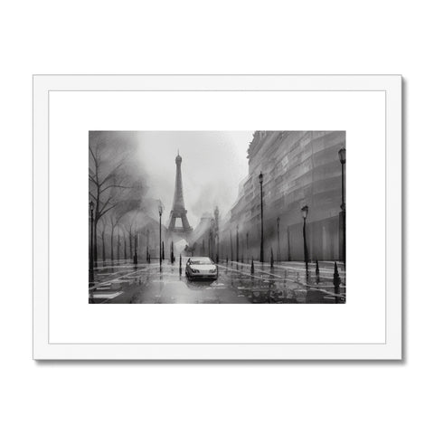 A picture of Paris is on a large silver framed print.