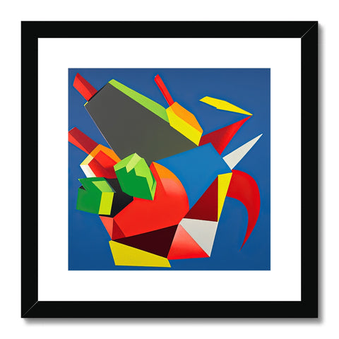 An art print with colors and shapes lined up with a small framed print in a frame