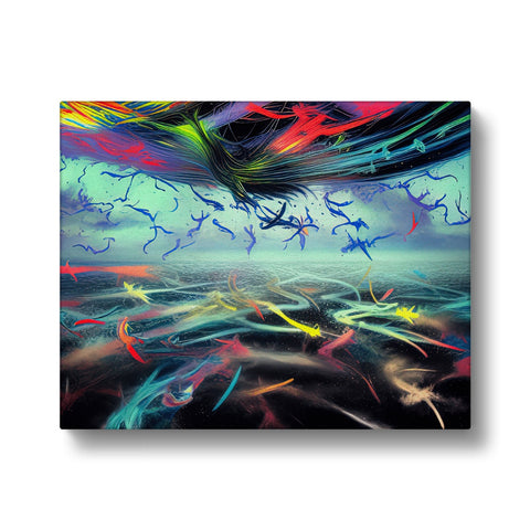 An abstract painting of birds swimming in the ocean on a painting canvas.