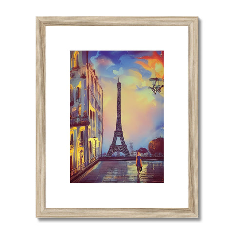 A yellow framed picture of a beautiful picture of Paris is on a wooden frame.