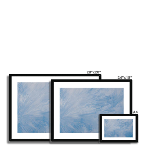 a square window frame hangs with three images and a blue background