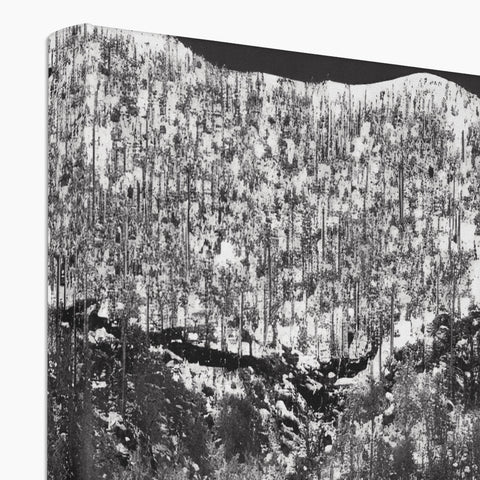 A print pillow on a black wall next to mountains near trees and snow.