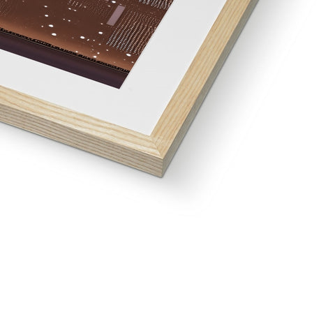 A photograph is on a white background on a wooden frame.