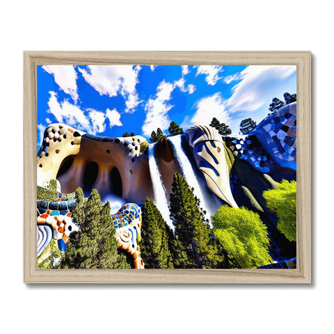 An art print on a mountain next to a mountain topped waterfall.