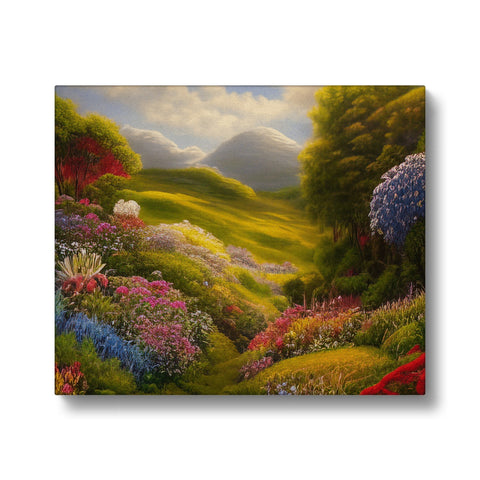 A small mountain landscape with flowers that have gathered in the field.