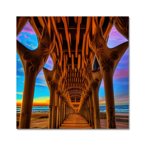 A wooden bridge with a wooden structure and a hanging art print is at the top of