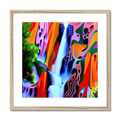 A colorful art print with waterfalls on it, with water flowing in the background.