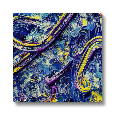 An art print with clouds swirling within a colorful tapestry.