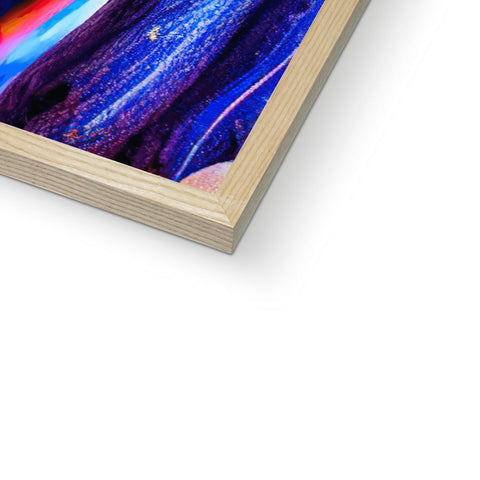 An art book is printed on wood and framed in a blue frame.