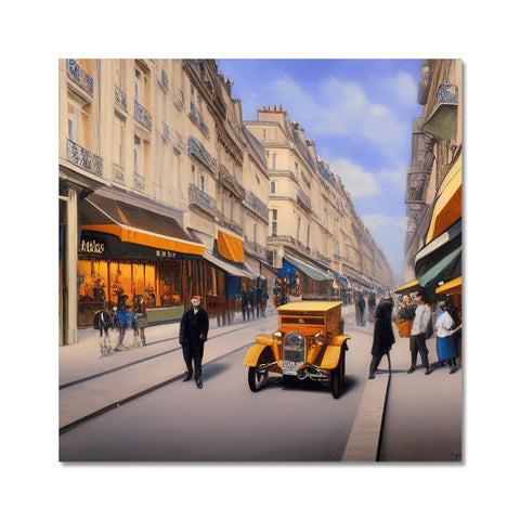 A yellow biplane flying over a colorful painting depicting Paris on a street.